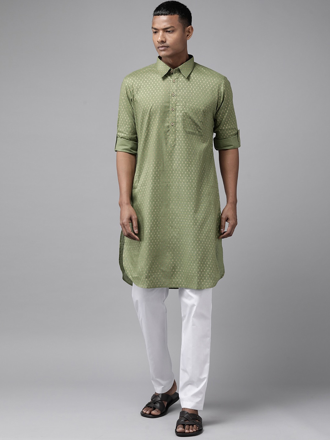 

See Designs Men Ethnic Motifs Pure Cotton Pathani Kurta, Olive