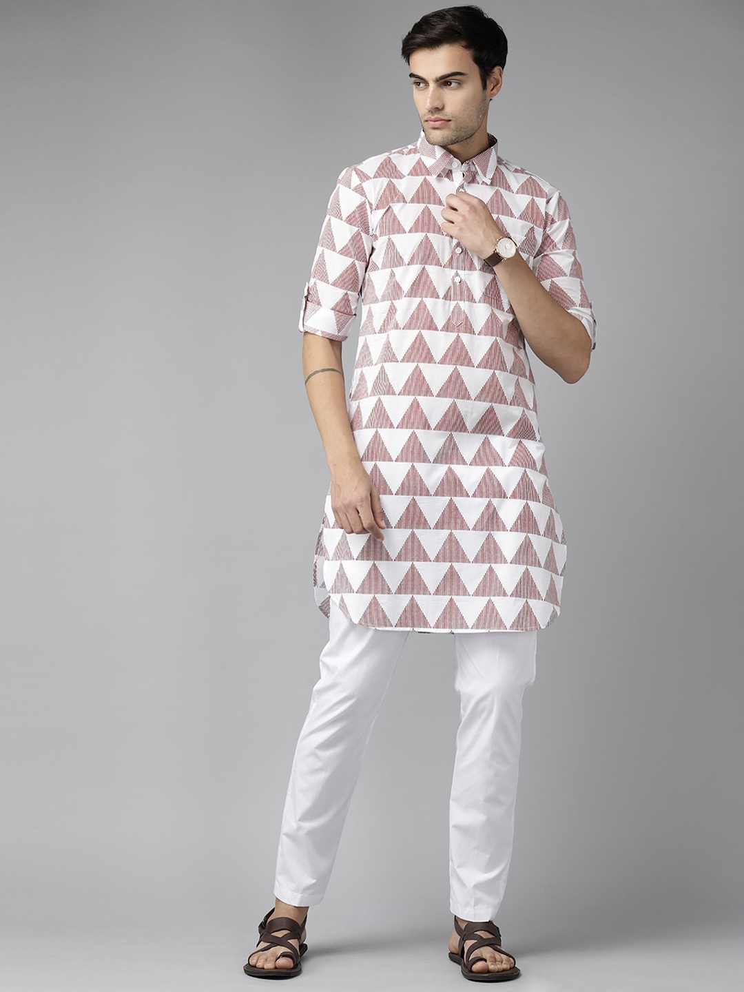 

See Designs Geometric Printed Cotton Pathani Kurta, White