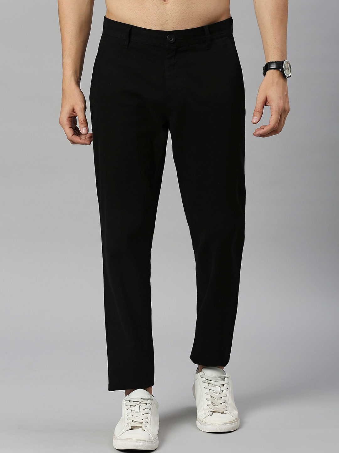

HERE&NOW Men Black Smart Slim Fit Easy Wash Pure Cotton Trousers