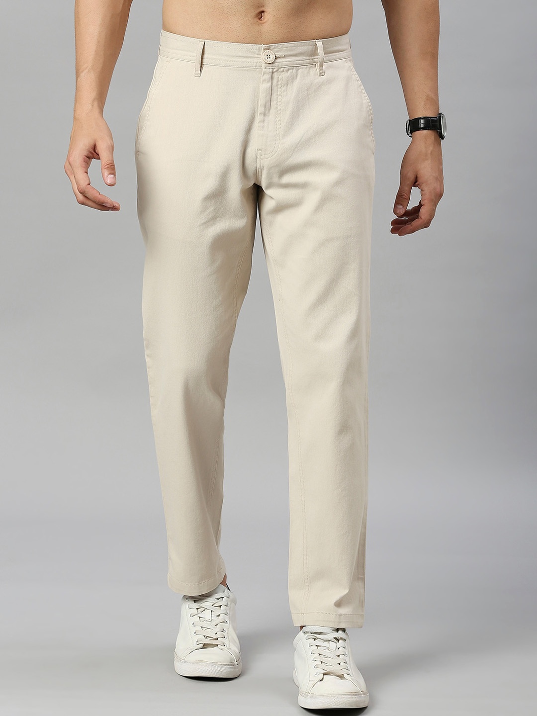 

HERE&NOW Men Cream Smart Mid Rise Easy Wash Cotton Slim Fit Trousers