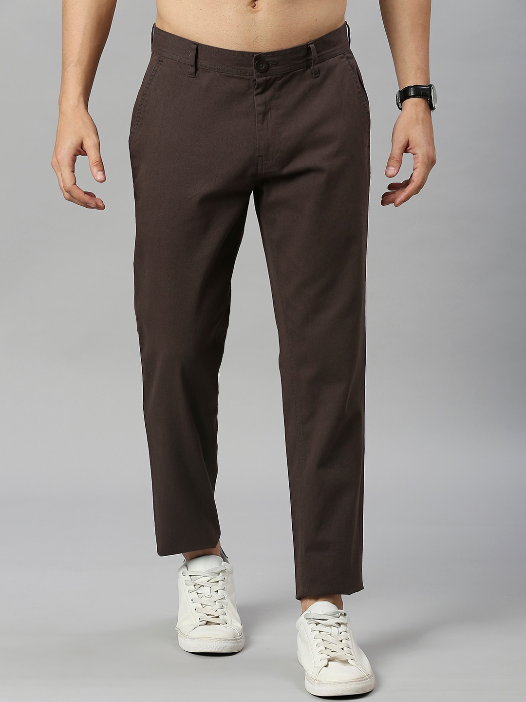 

HERE&NOW Men Brown Mid-Rise Smart Fit Easy Wash Pure Cotton Trousers