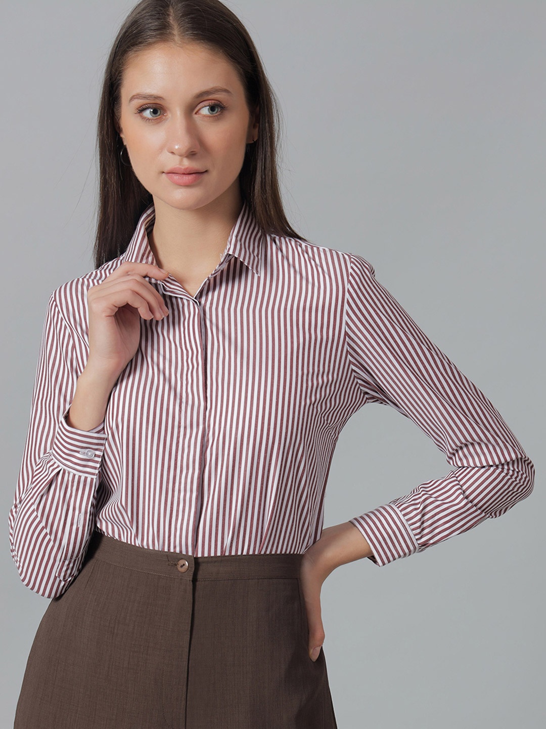 

English Navy Striped Spread Collar Formal Shirt, Maroon