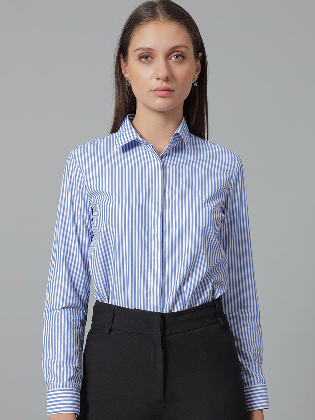 

English Navy Striped Spread Collar Formal Shirt, Blue