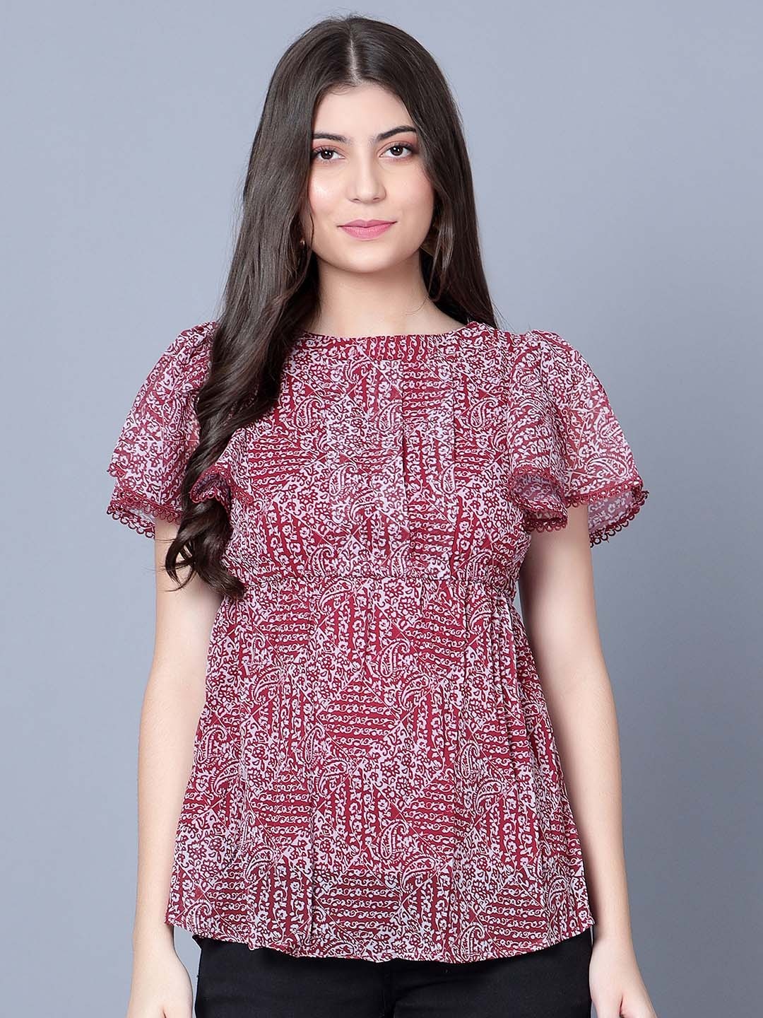 

SKY HEIGHTS Ethnic Printed Flutter Sleeves Peplum Top, Maroon