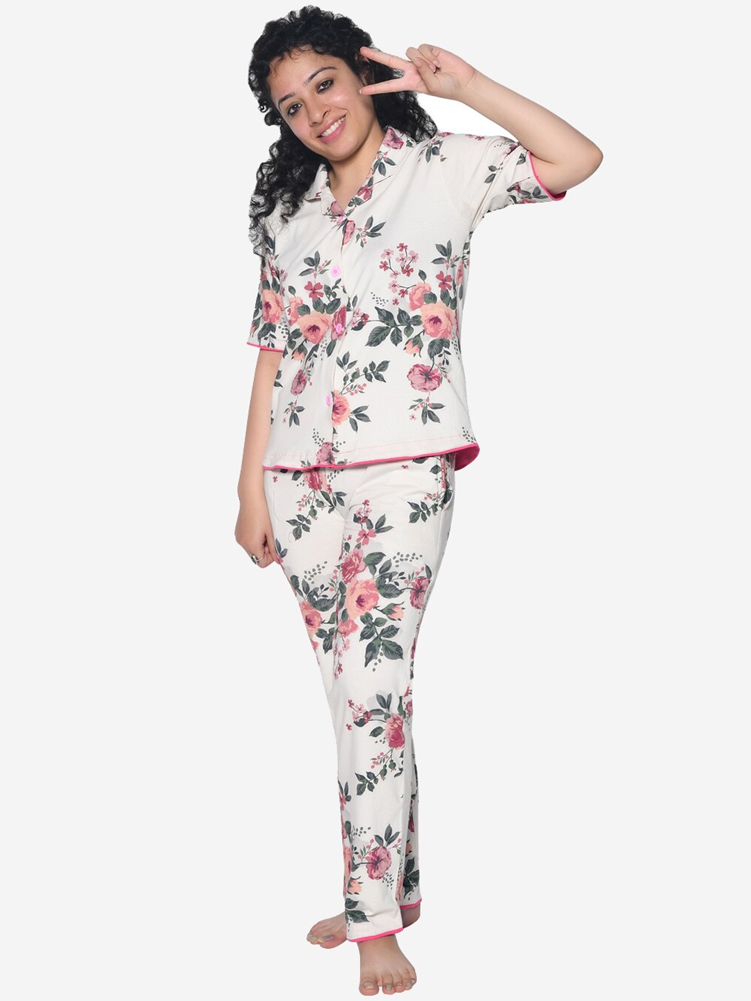 

FUNKRAFTS Girls Floral Printed Pure Cotton Night Suit, White