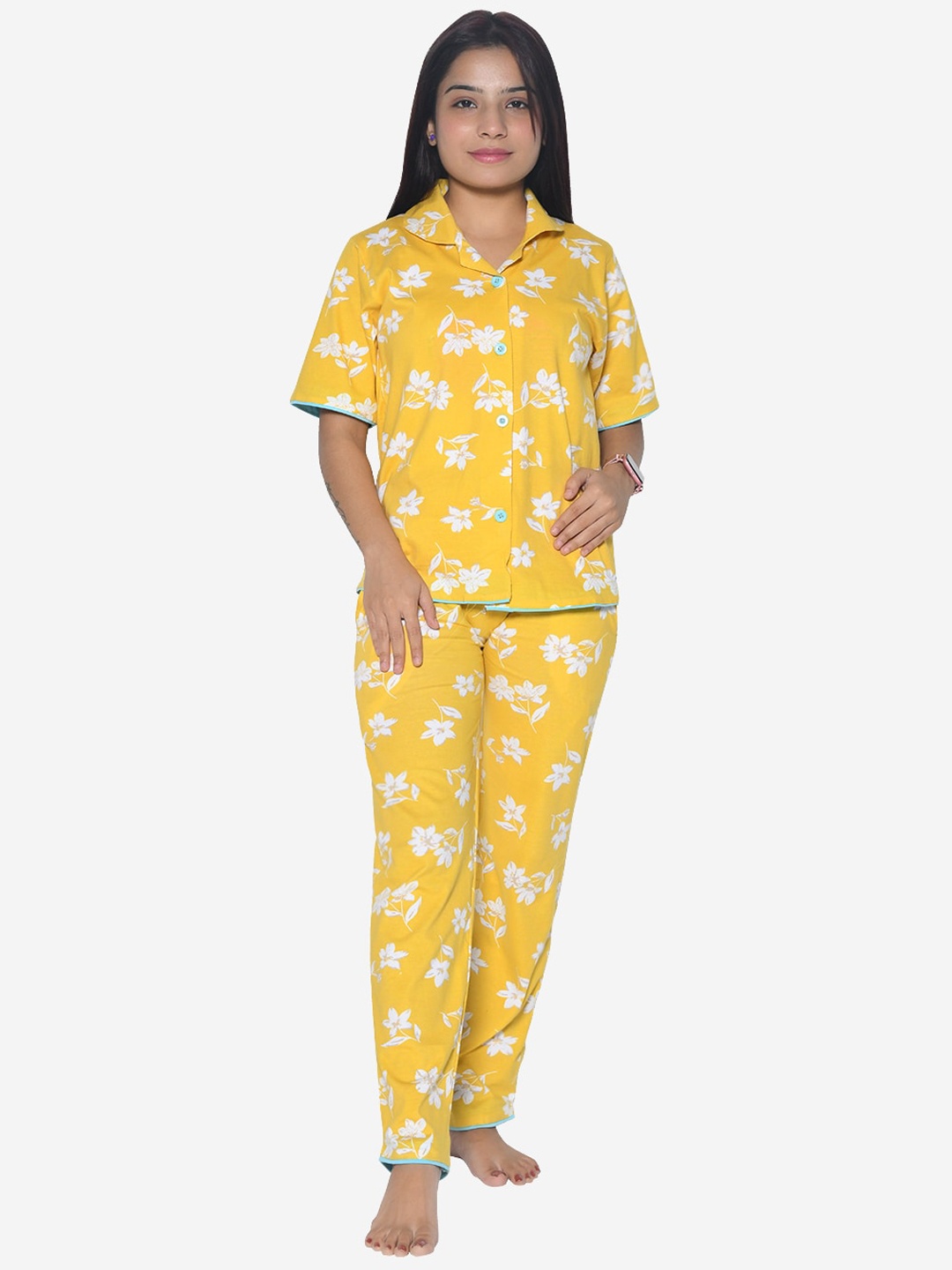

FUNKRAFTS Girls Floral Printed Pure Cotton Night Suit, Mustard
