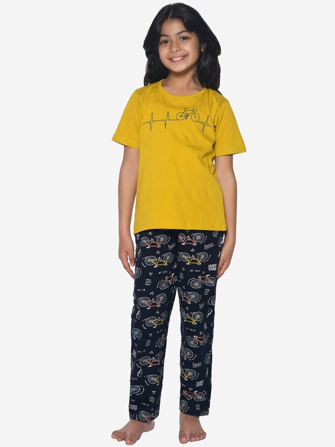 

FUNKRAFTS Girls Conversational Printed Pure Cotton Night Suit, Mustard