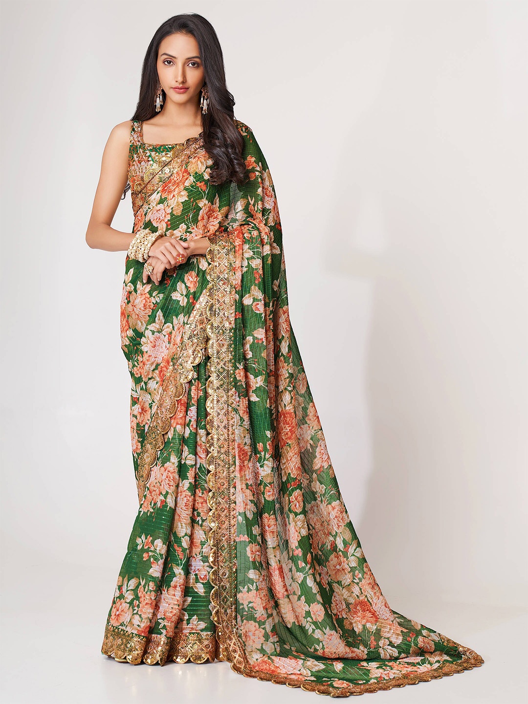 

FABPIXEL Floral Printed Organza Saree, Green