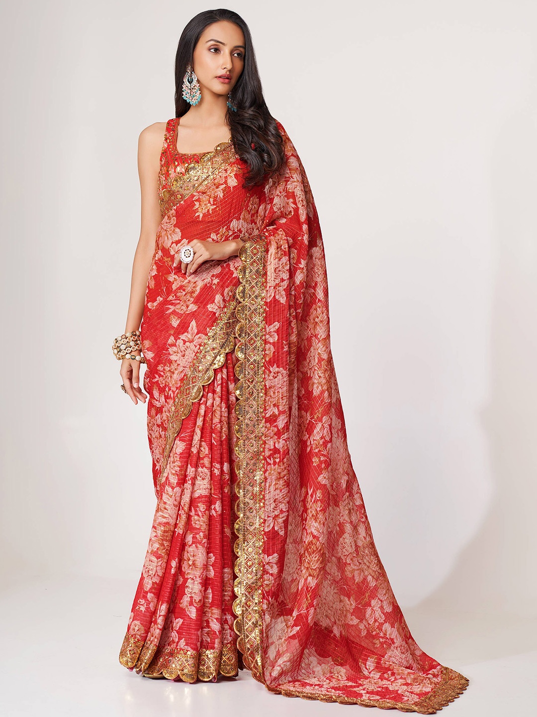 

FABPIXEL Embellished Sequinned Organza Leheriya Saree, Red