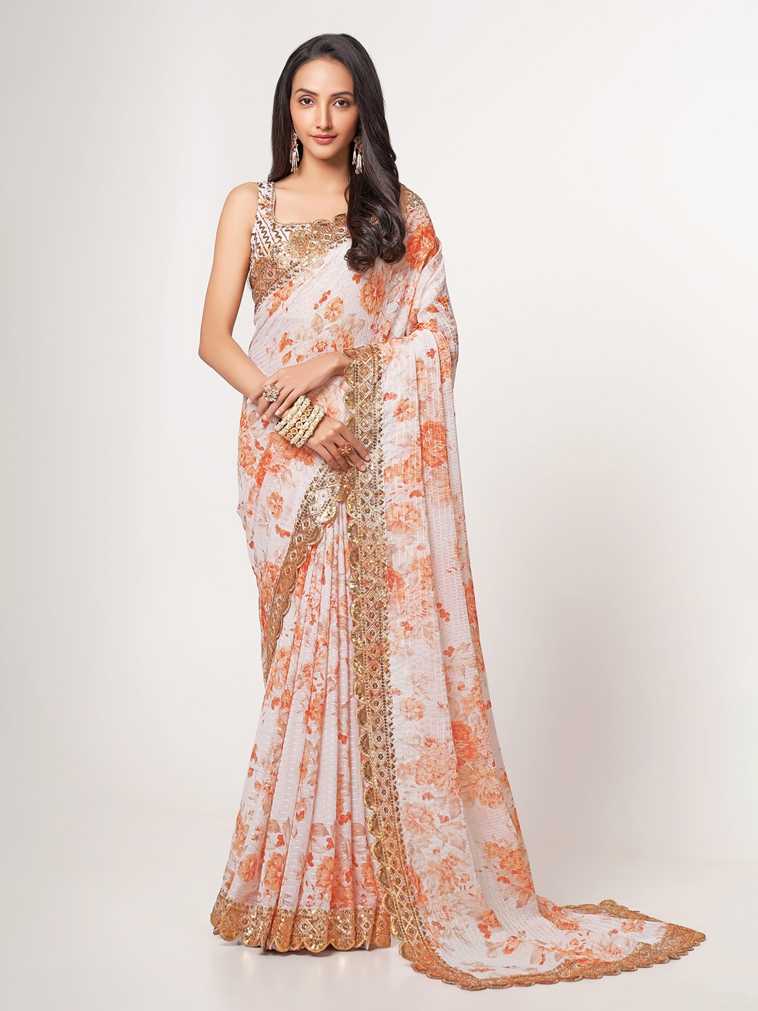 

FABPIXEL Floral Printed Organza Saree, White