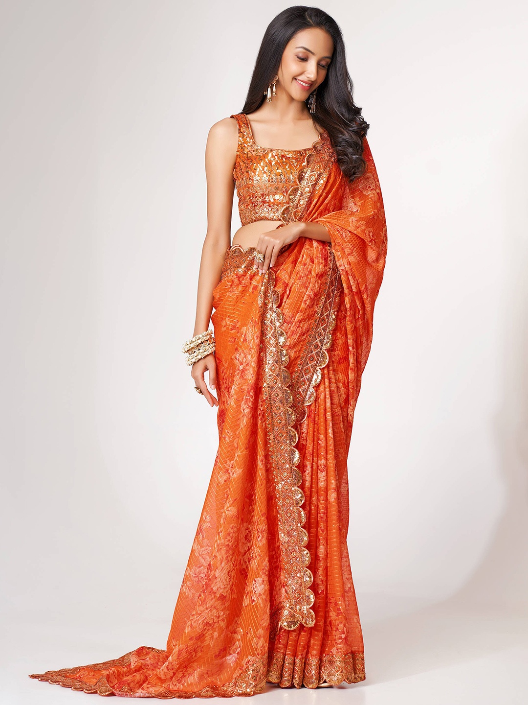 

FABPIXEL Embellished Organza Saree, Orange