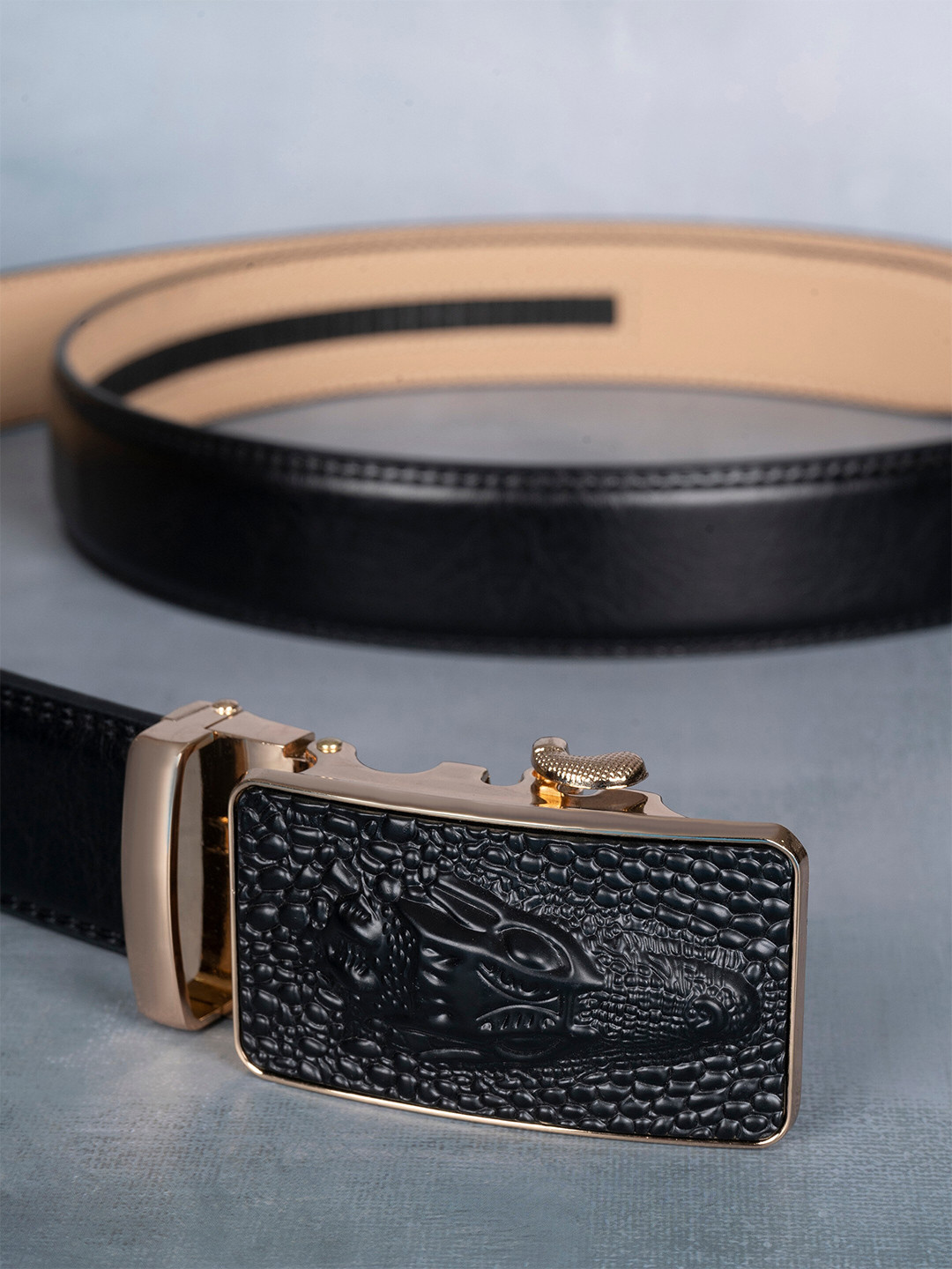 

BANGE Men Leather Formal Belt With Slider Buckle, Black