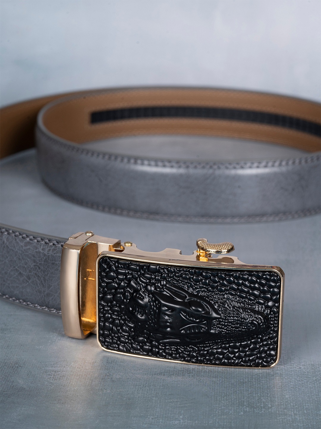 

BANGE Men Textured Leather Formal Belt With Slider Buckle, Grey