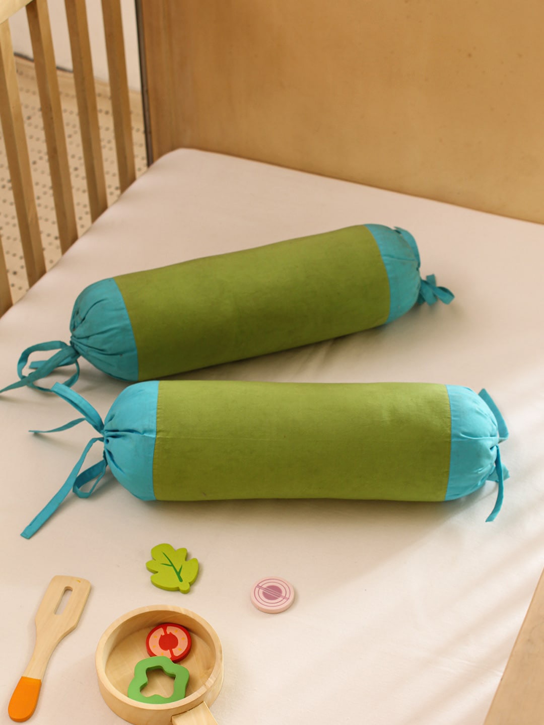 

House This 2-Pcs Green & Blue Pure Cotton Bolster Covers