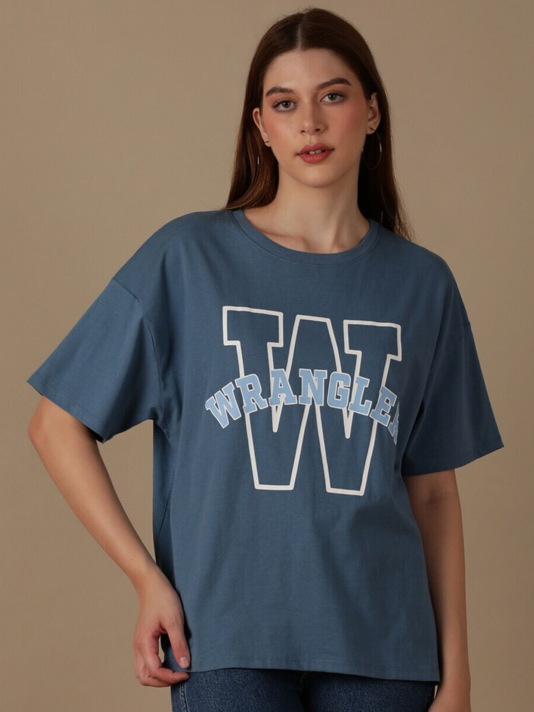 

Wrangler Typography Printed Drop- Down Sleeves Cotton Casual T-Shirt, Blue