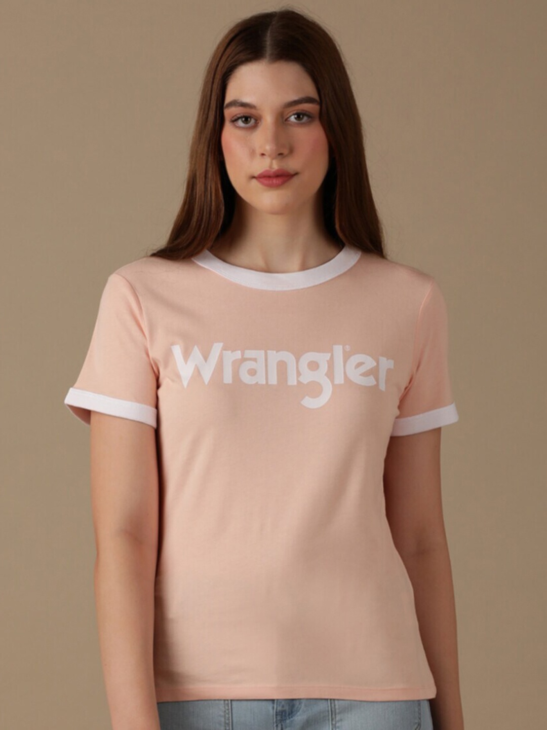 

Wrangler Typography Printed Round Neck Cotton T-shirt, Peach