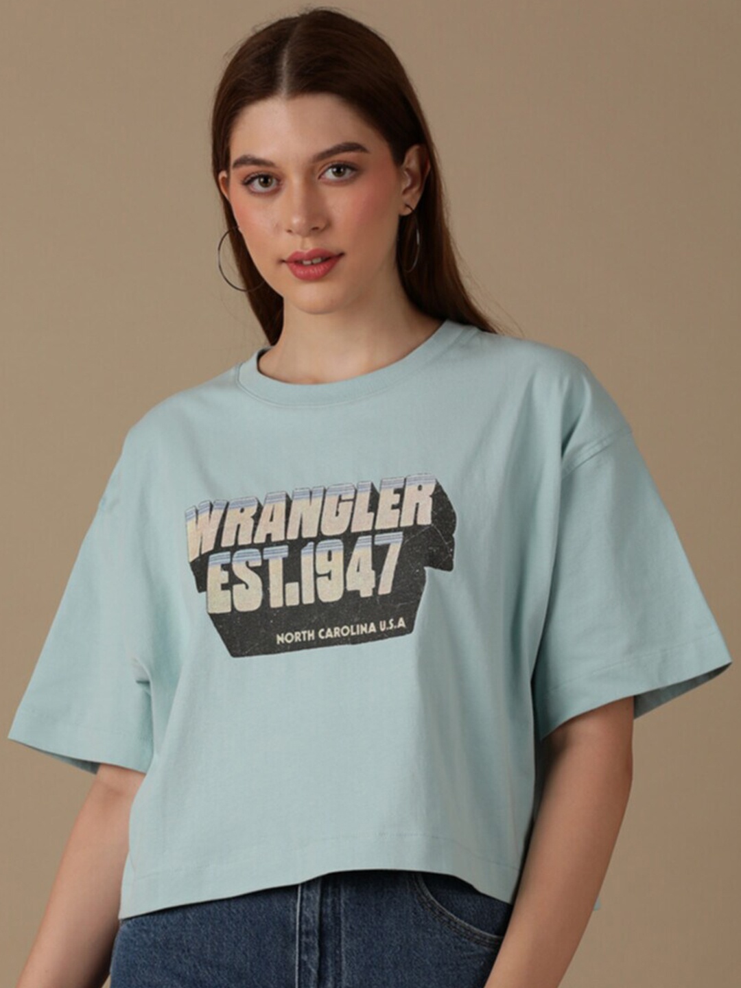 

Wrangler Typography Printed Round Neck Cotton Boxy T-shirt, Blue