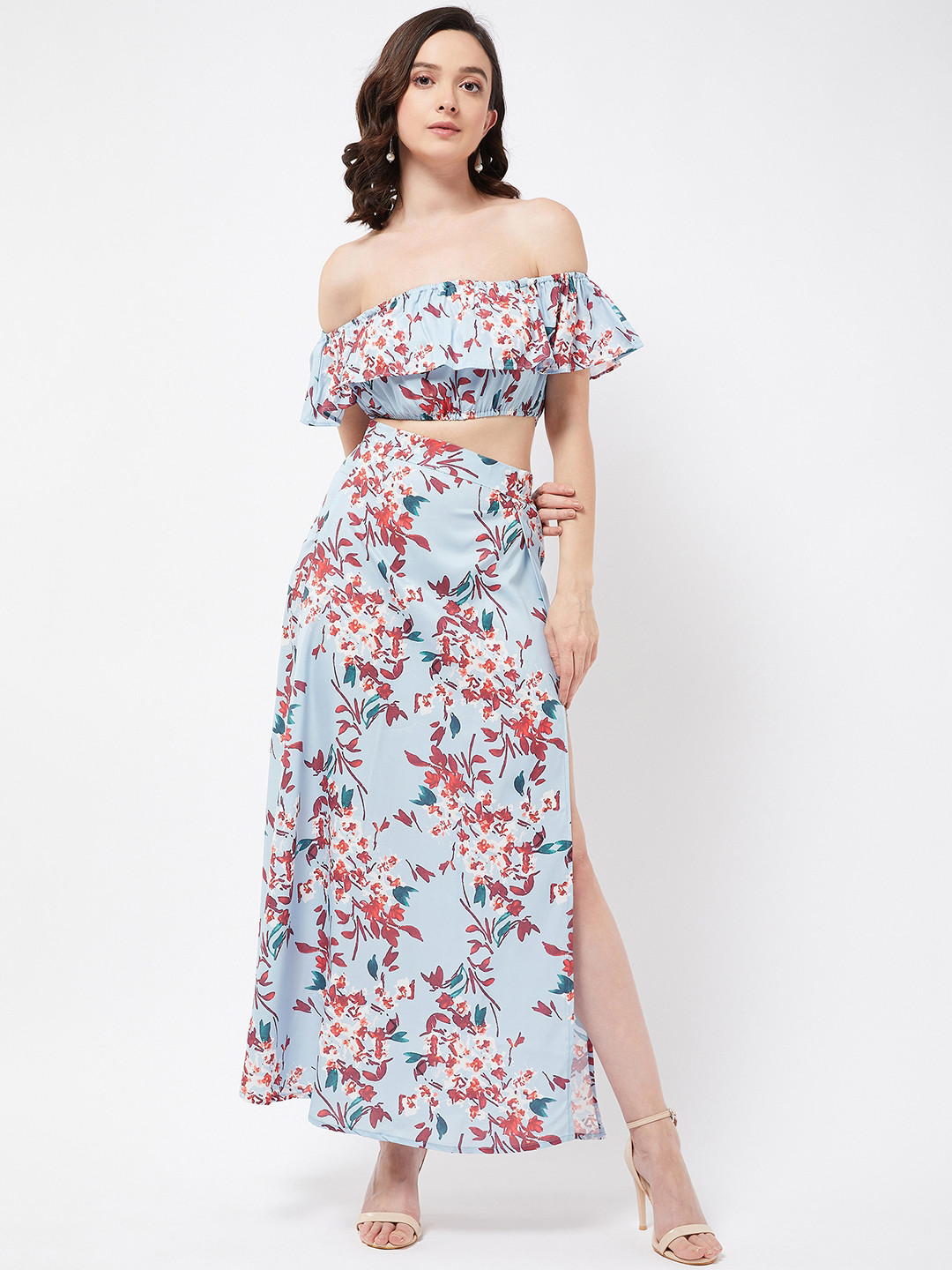 

COLOR CAPITAL Floral Print Off-Shoulder Flutter Sleeve Bardot Crop Top, Blue
