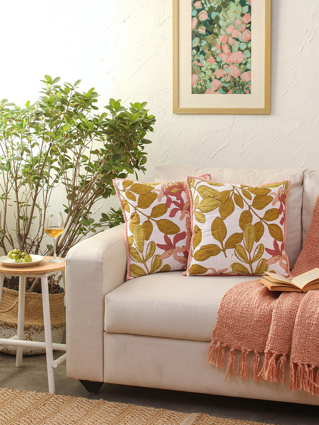 

House This Pallav Pink & Green 2 Pieces Floral Printed Square Cushion Covers