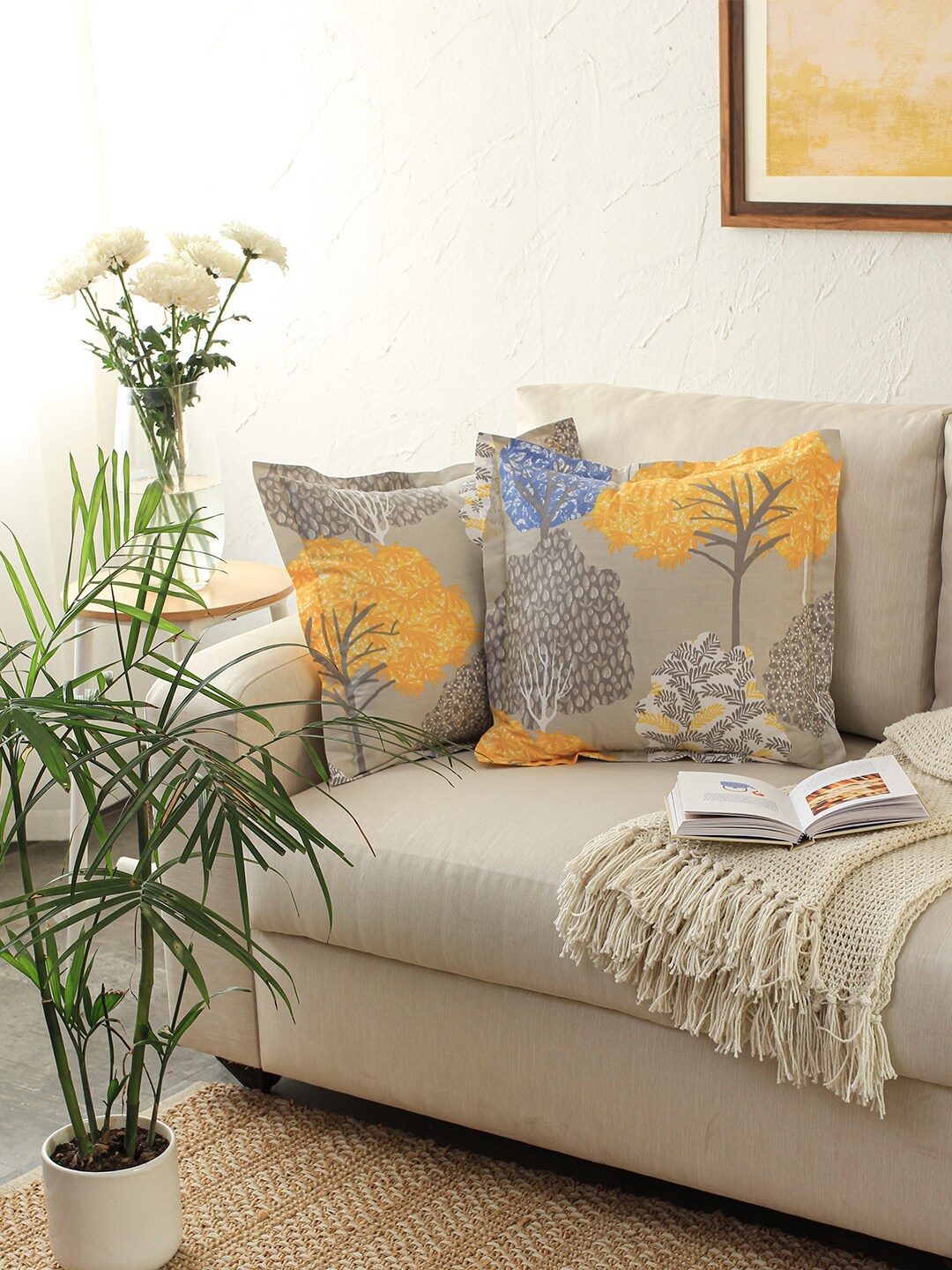 

House This Saptaparni Yellow 2 Pieces Floral Printed Cotton Square Cushion Covers, Grey