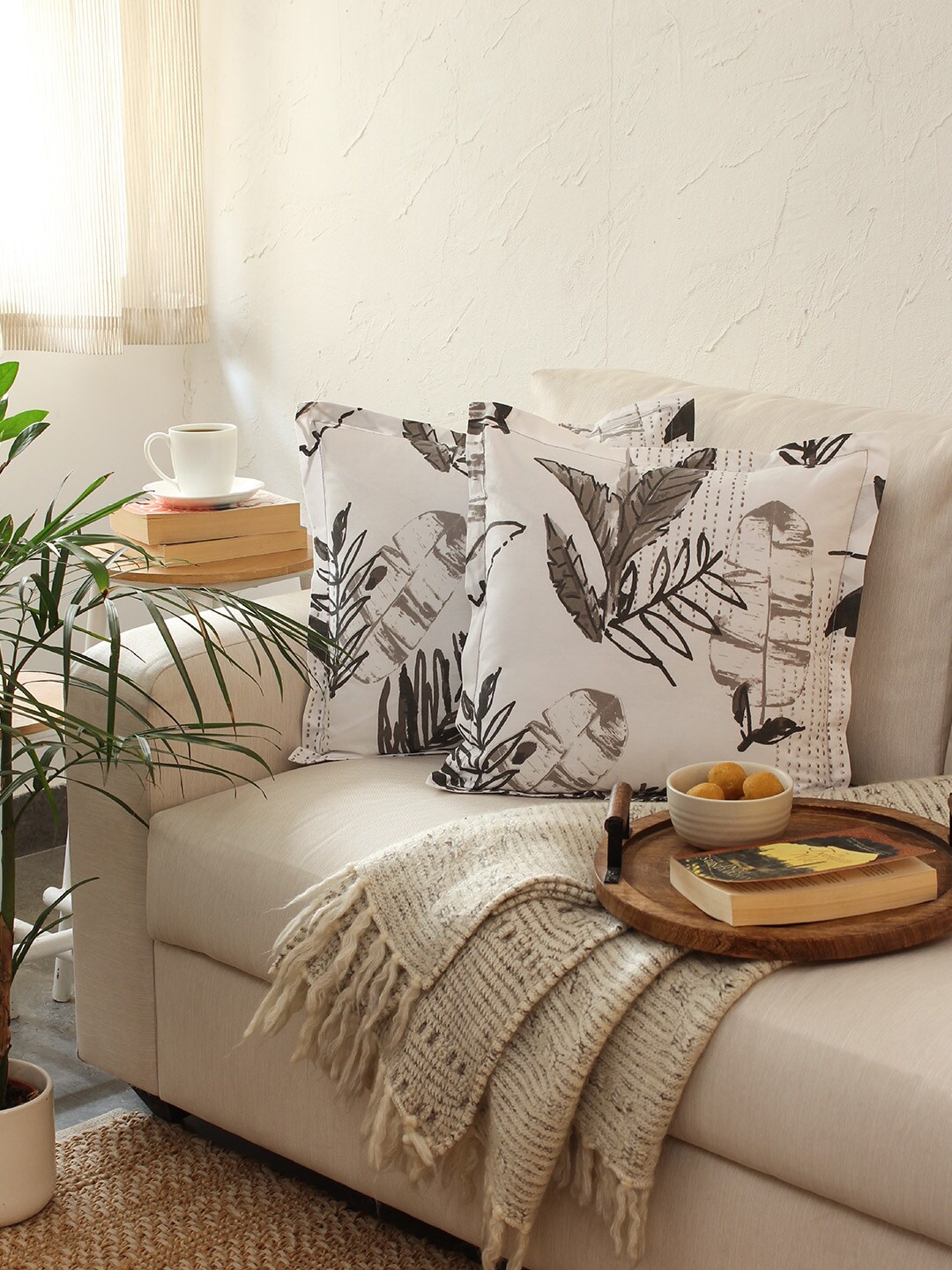 

House This Vanam Grey & White 2 Pieces Floral Printed Square Cushion Covers