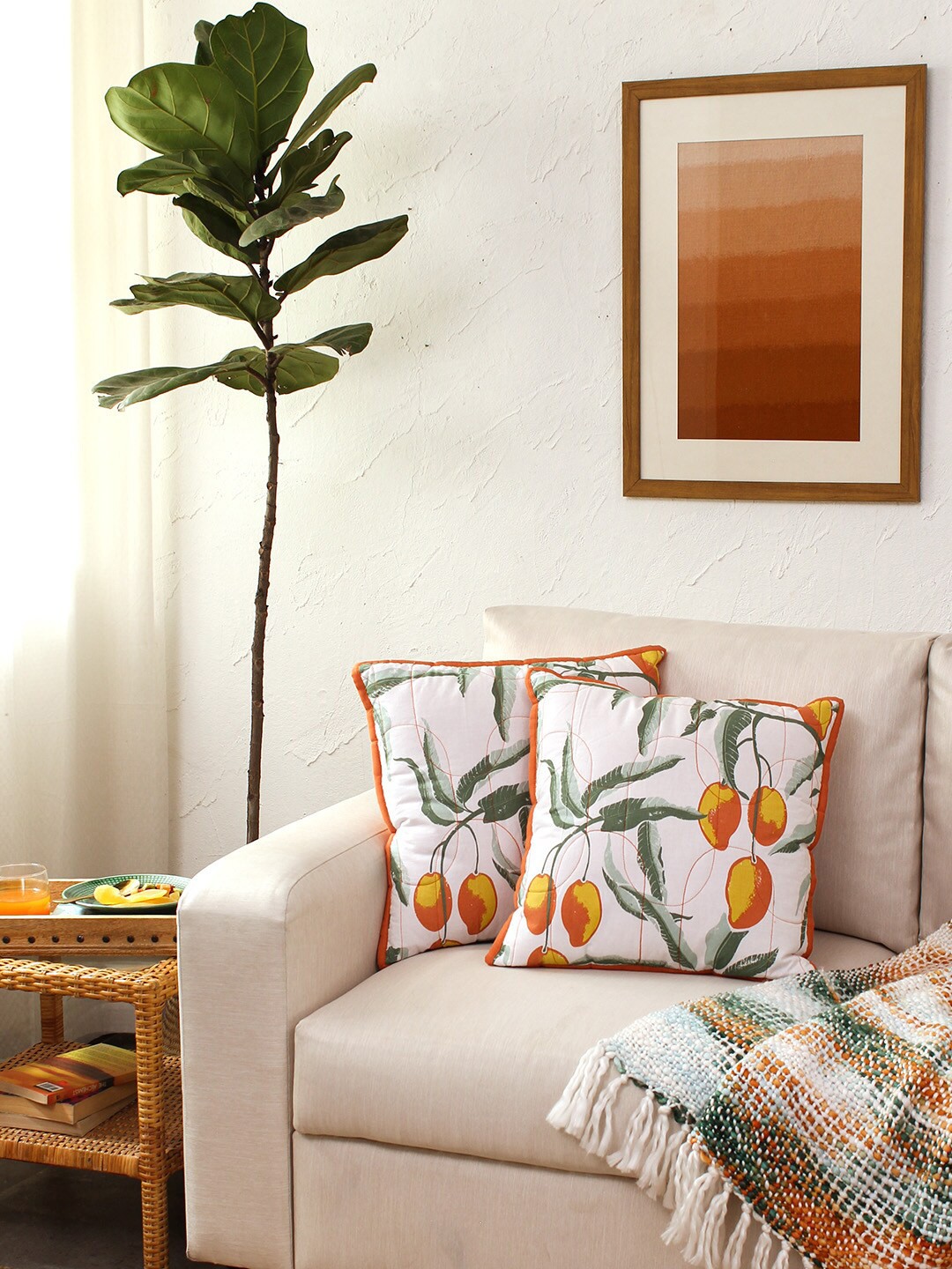 

House This Aamb 2 Pieces White & Rust Orange Cotton Square Cushion Covers