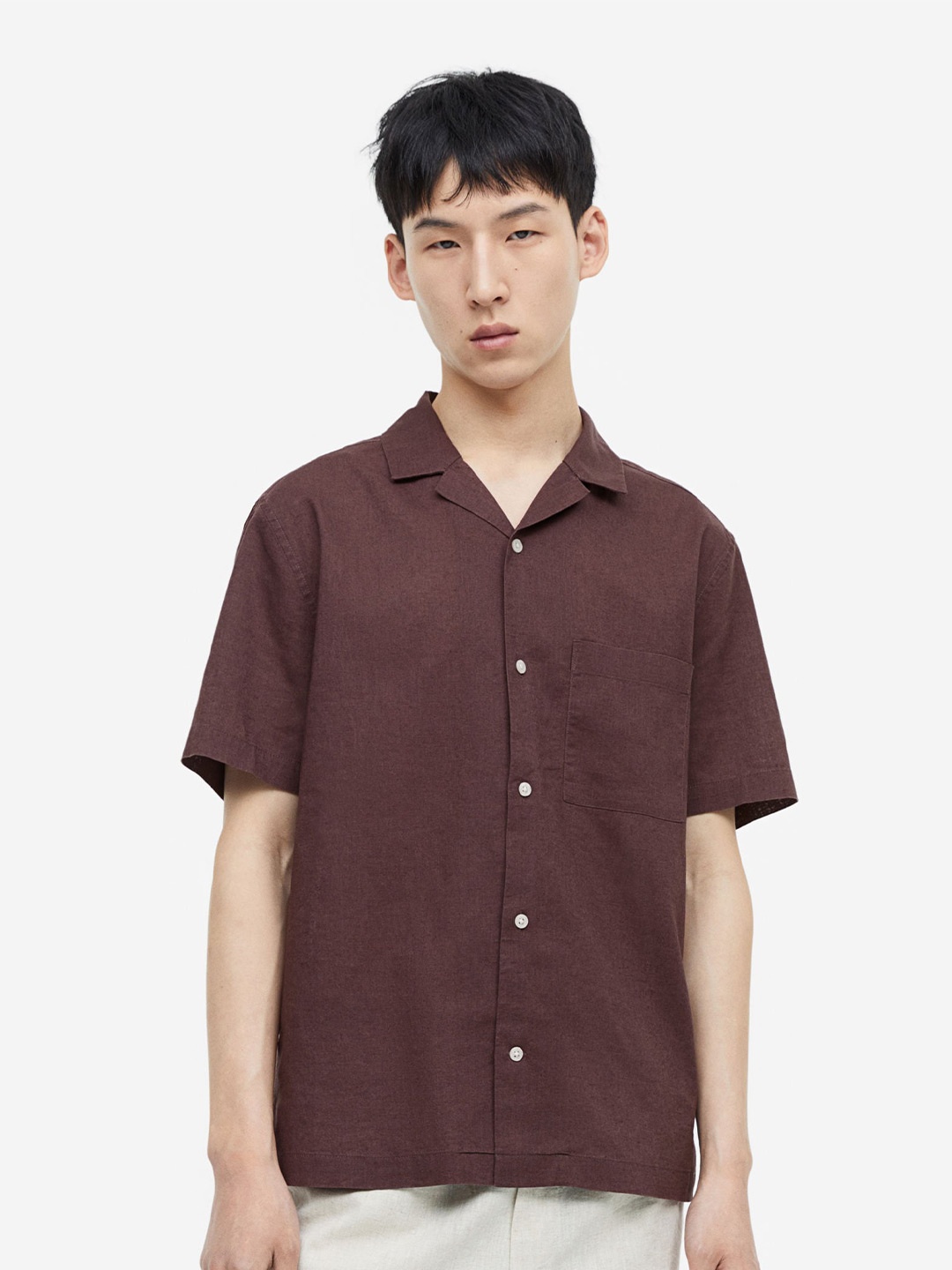 

H&M Regular Fit Linen-Blend Shirt, Brown
