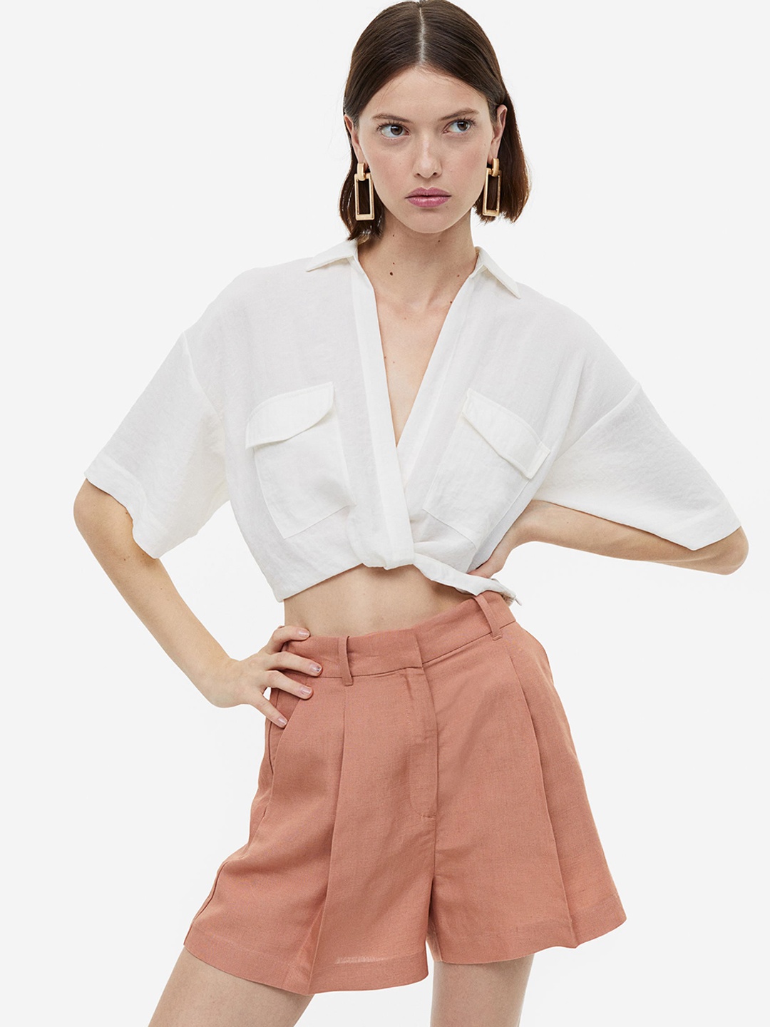 

H&M Women Linen-Blend Bermuda Shorts, Coral
