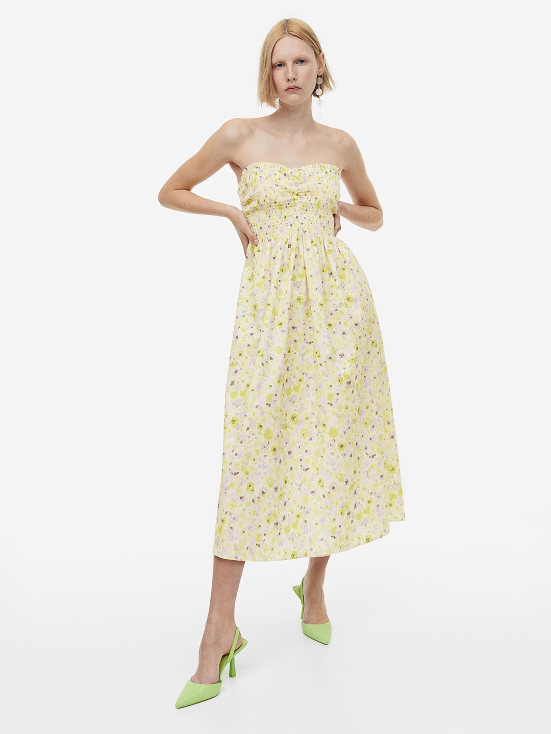 

H&M Smocked Pure Cotton Dress, Yellow