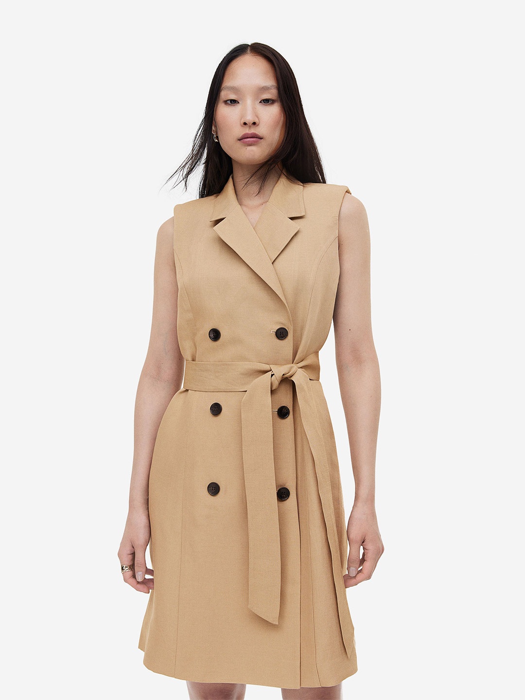 

H&M Linen-Blend Tie-Belt Dress, Beige