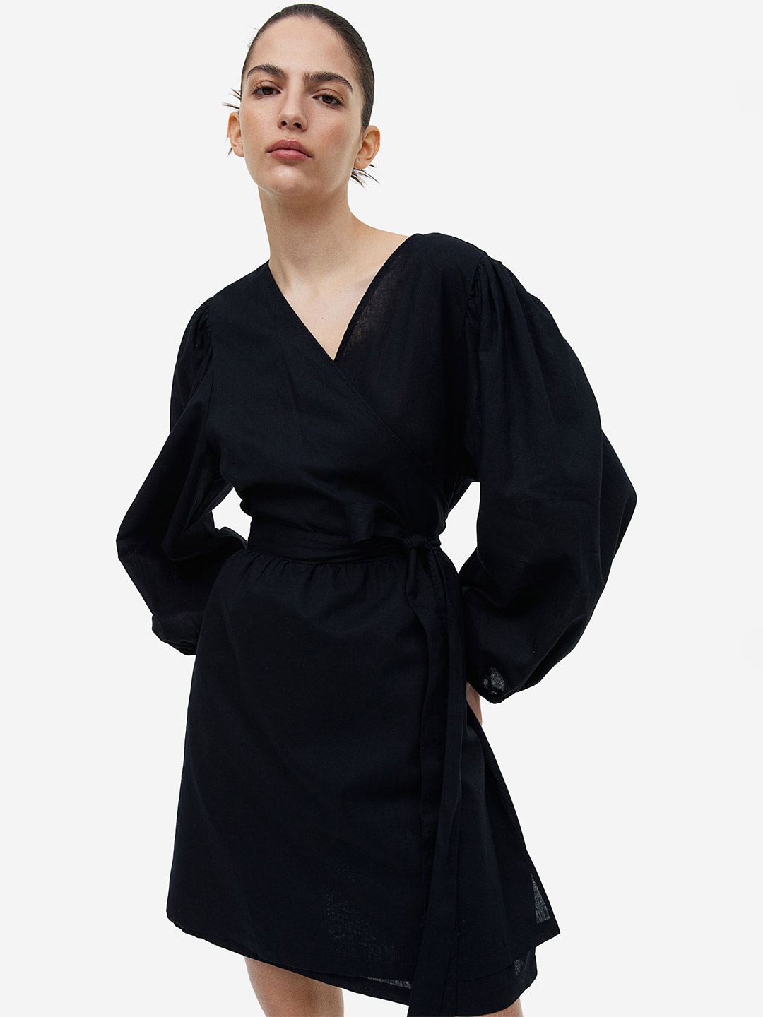 

H&M Linen-Blend Wrap Dress, Black