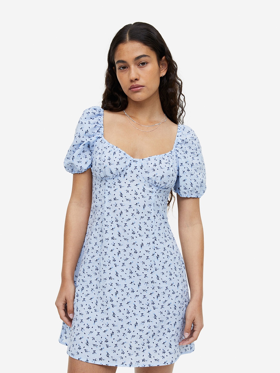 

H&M Puff-Sleeved Crepe Dress, Blue