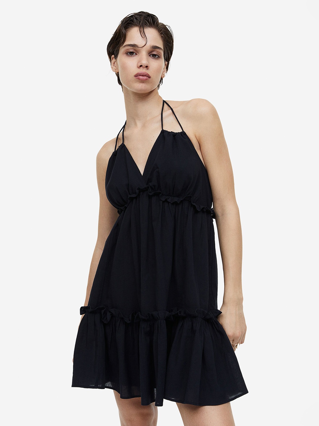 

H&M Frill-trimmed Halterneck Dress, Black