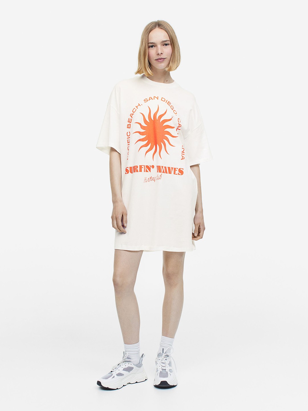 

H&M Oversized Printed T-shirt Dress, Cream