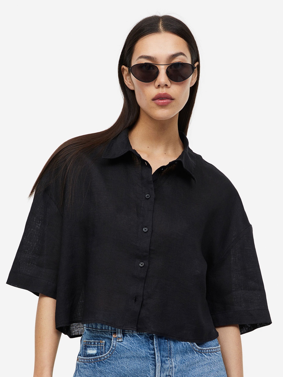 

H&M Women Oversized Linen Shirt, Black
