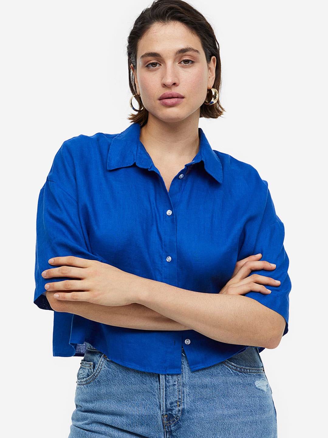 

H&M Women Oversized Linen Shirt, Blue