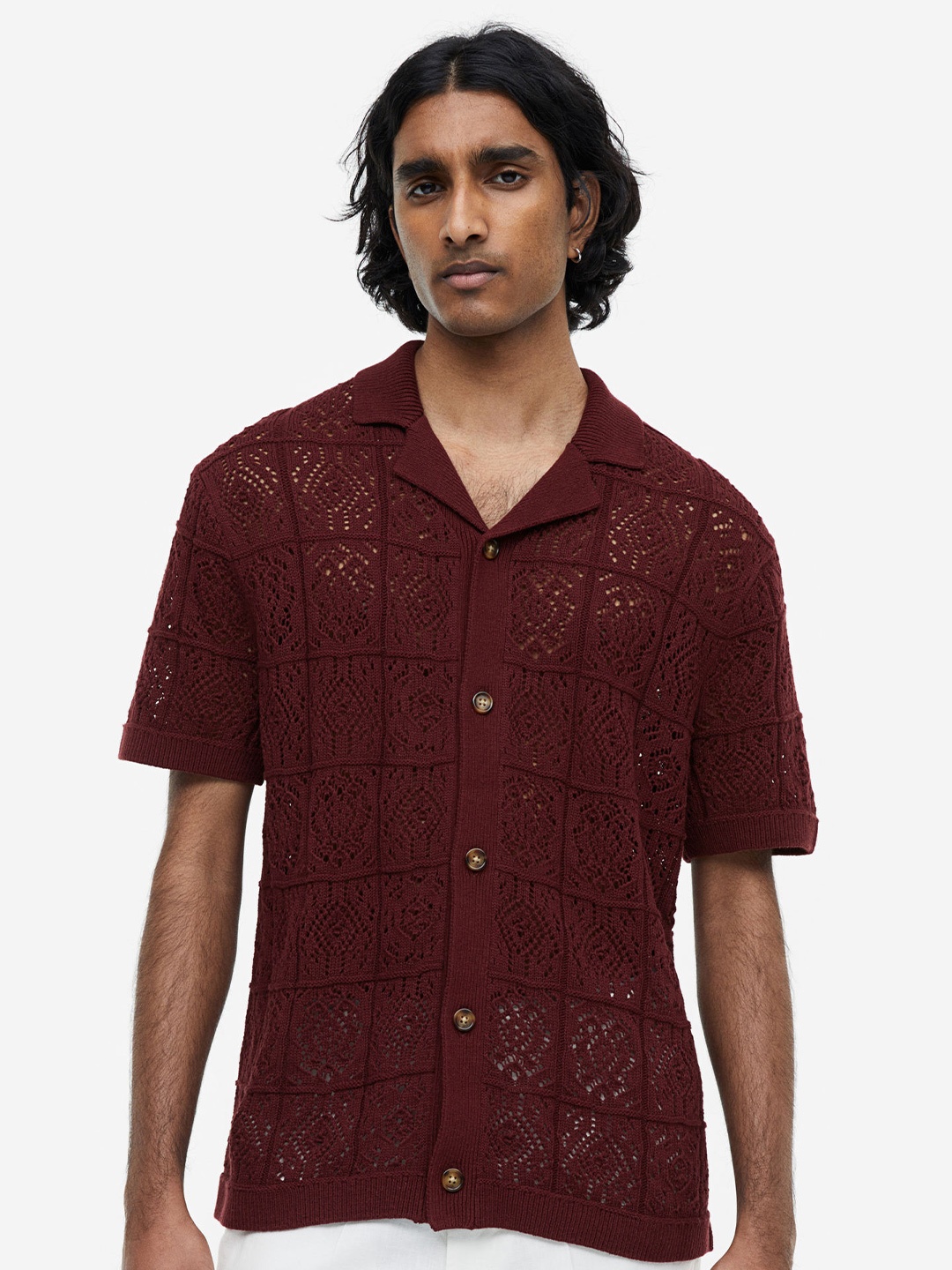 

H&M Men Regular Fit Crochet-Look Resort Shirt, Maroon