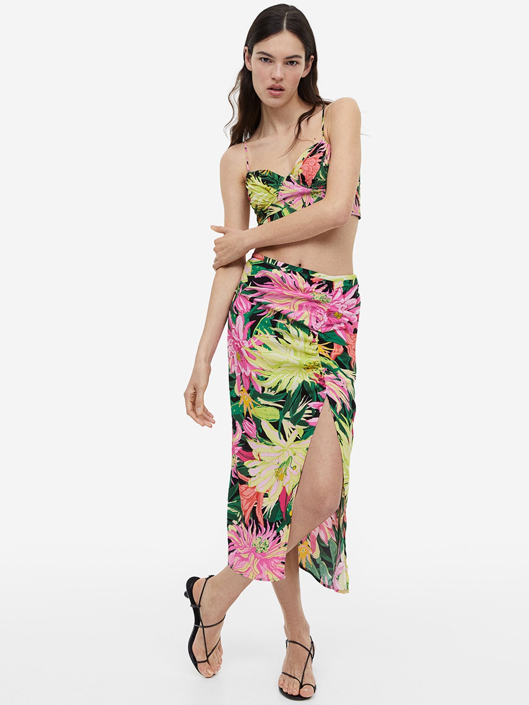 

H&M Crepe High Slit Skirt, Green