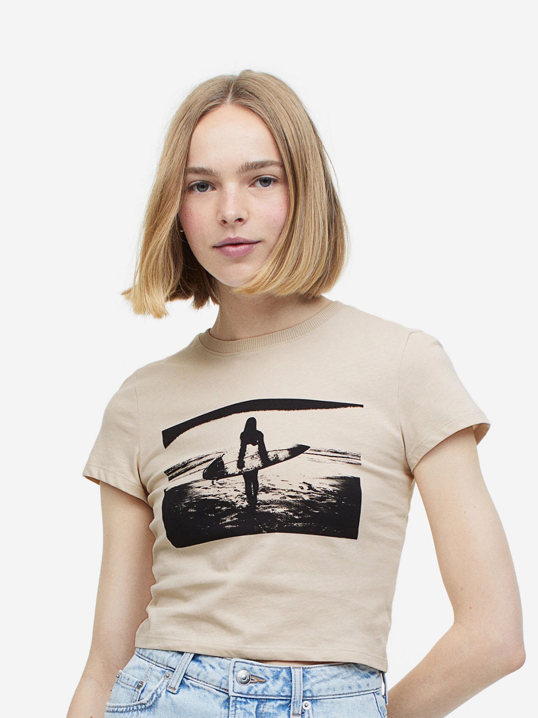

H&M Printed Cropped Top, Beige