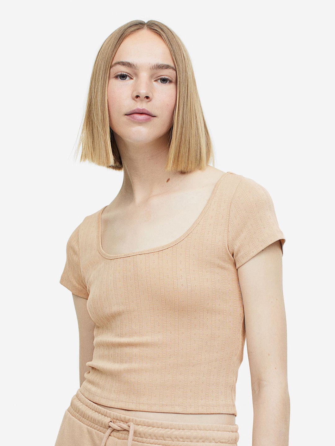 

H&M Pointelle Jersey Top, Beige