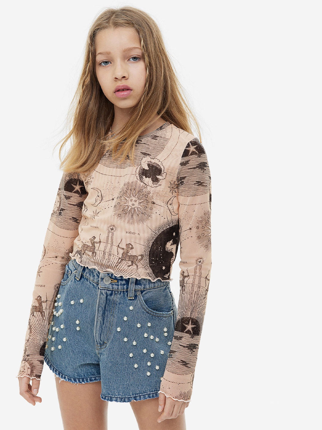 

H&M Girls Printed Mesh Top, Beige