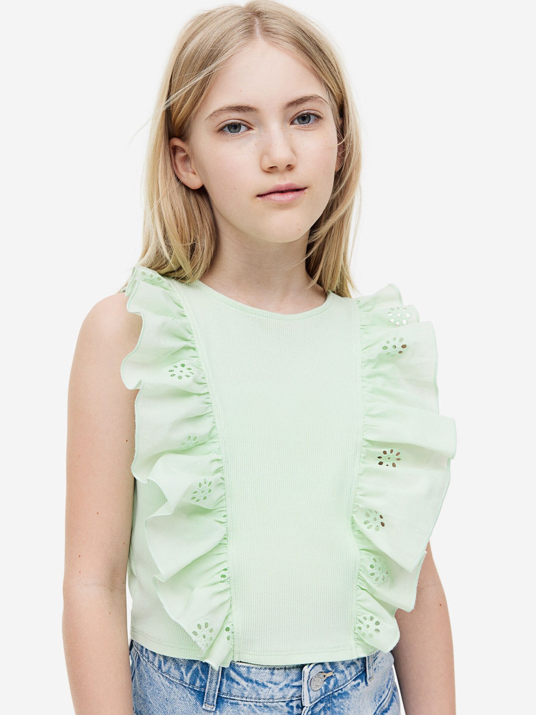 

H&M Girls Flounce-Trimmed Vest Top, Sea green