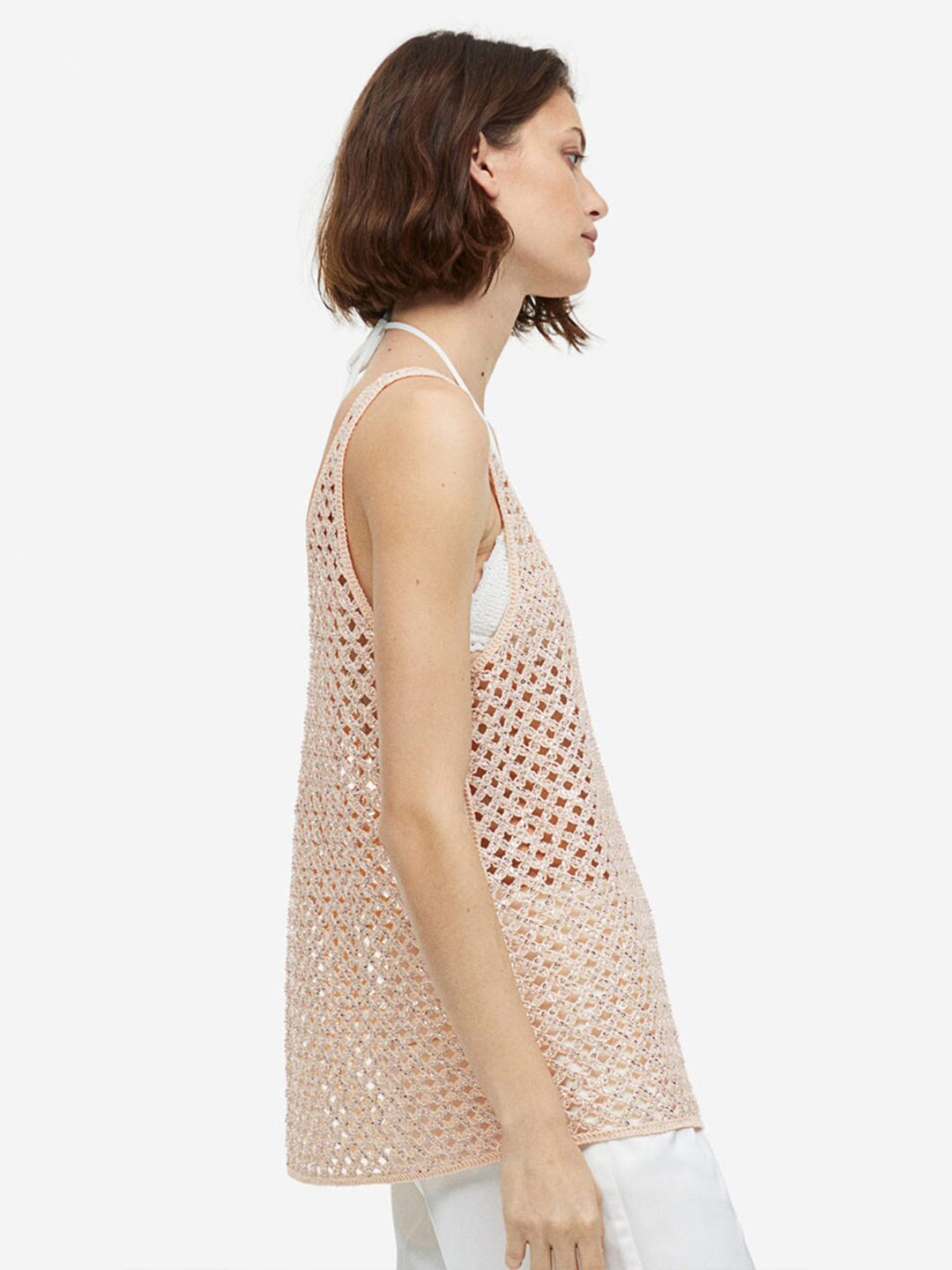 

H&M Sequined Hole-Knit Vest Top, Beige