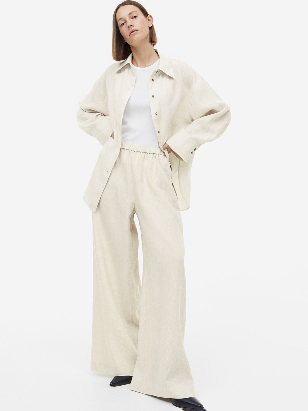 

H&M Women Wide Pure Linen Trousers, Beige