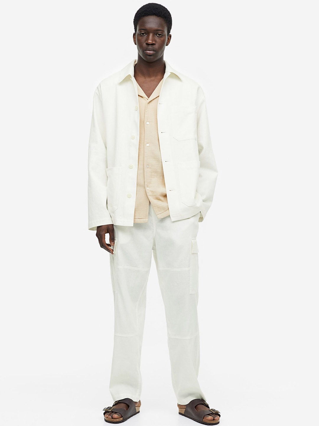 

H&M Men Regular Fit Linen-Blend Cargo Trousers, White