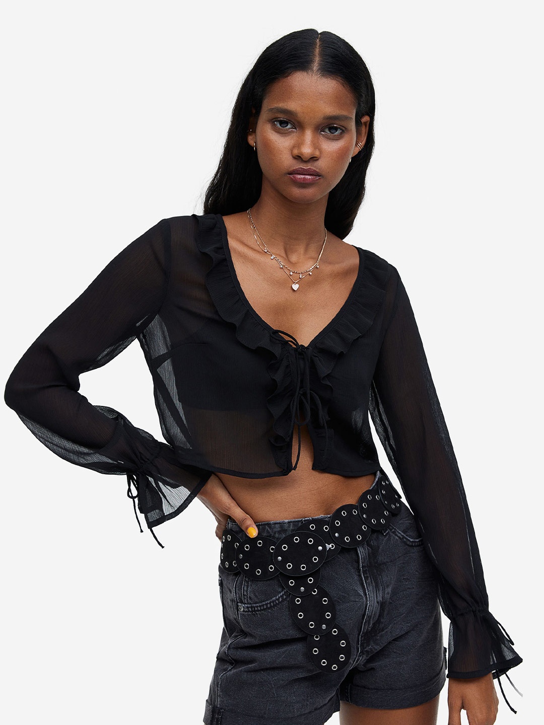 

H&M Frill-Trimmed Crepe Blouse, Black