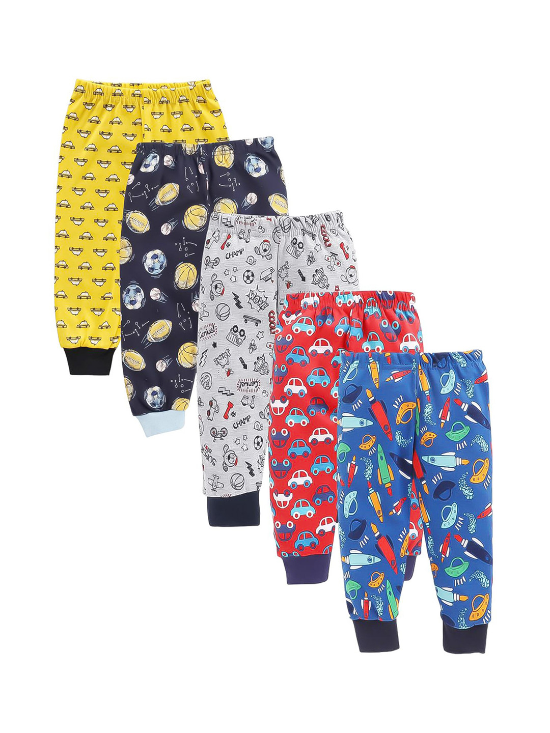 

EIO Kids Infants Pack Of 5 Printed Joggers Pure Cotton Lounge Pants, Blue