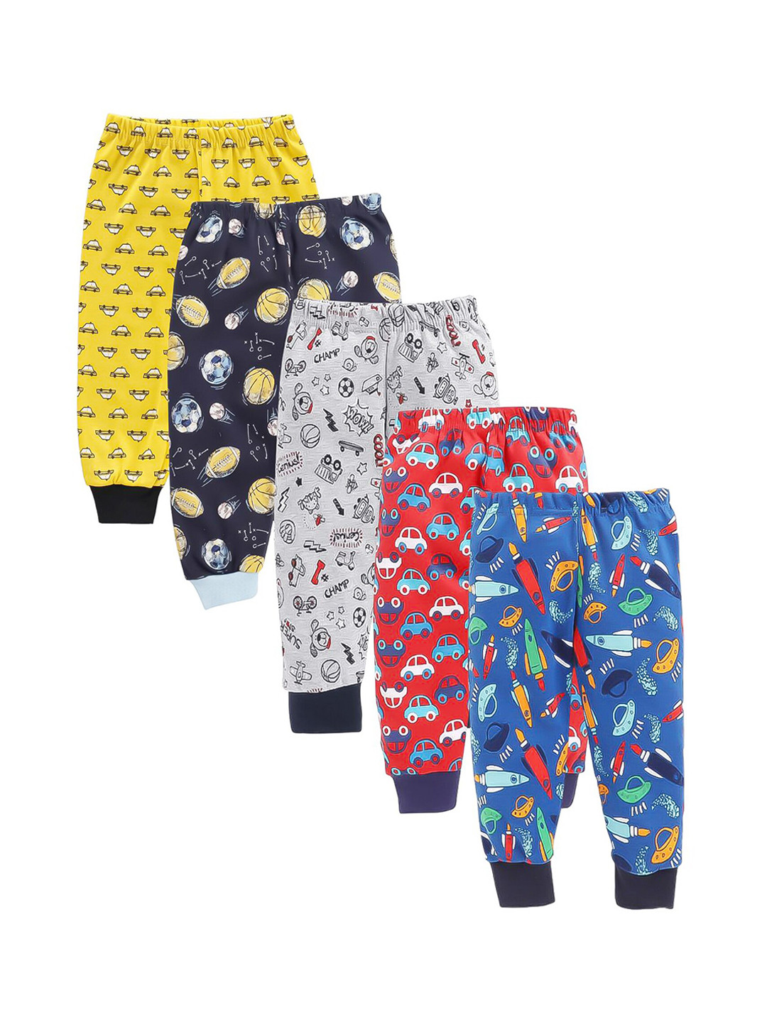 

EIO Infants Boys Pack Of 5 Printed Mid Rise Pure Cotton Joggers, Yellow