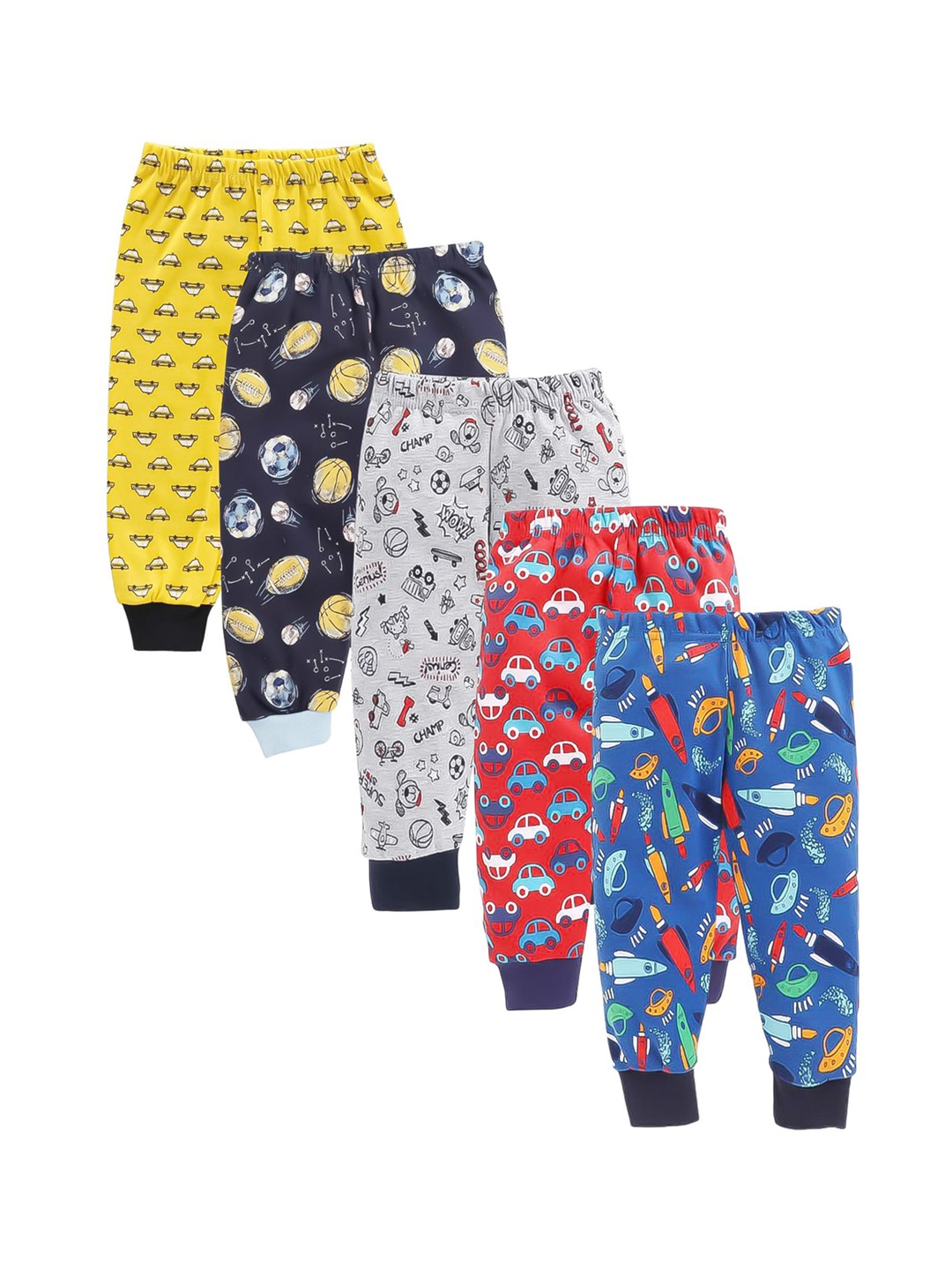 

EIO Infants Boys Set Of 5 Printed Mid Rise Pure Cotton Joggers, Yellow