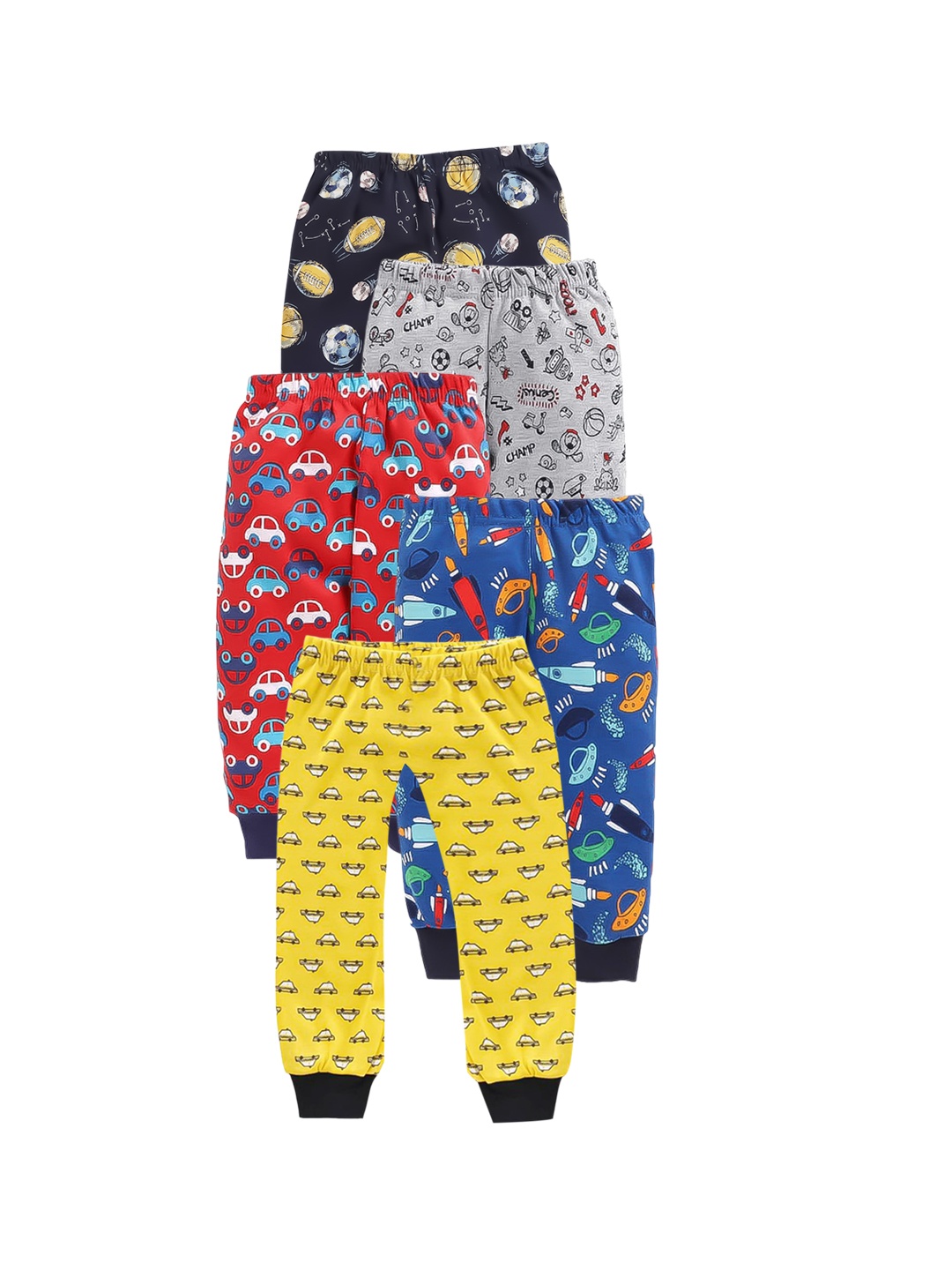 

EIO Boys Set Of 5 Printed Mid Rise Pure Cotton Joggers, Yellow